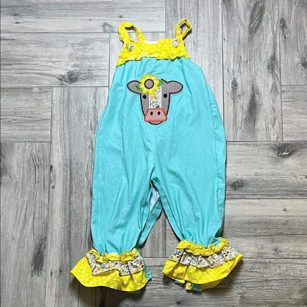 Charming Turquoise and Yellow Cow Print Kids Romper 2T